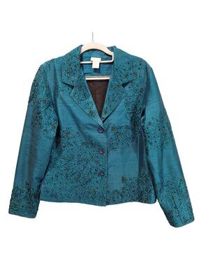 VTG Spiegel Womens S Turquoise Silk Jacket Beads Metallic Stitching Formal Party